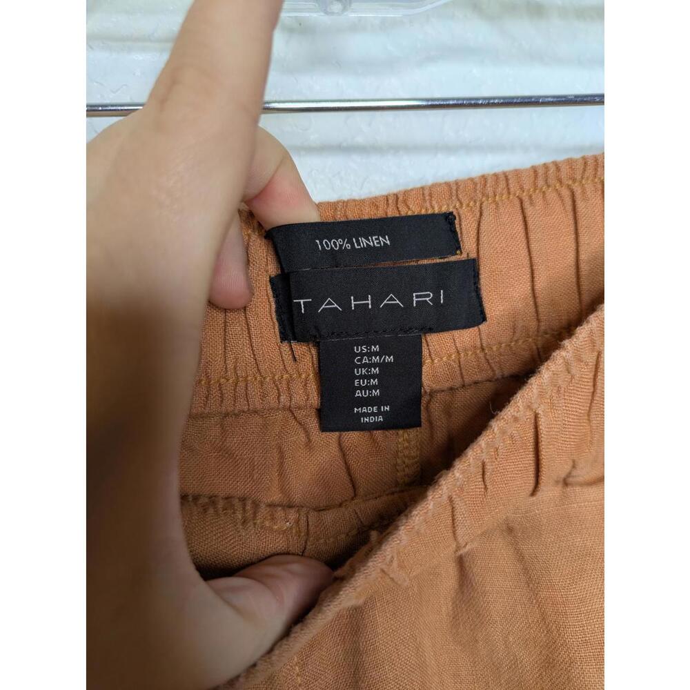 Tahari Women's 100% Linen Pants Size M Rust Brown Cropped Wide Leg Elastic Waist - Picture 2 of 3